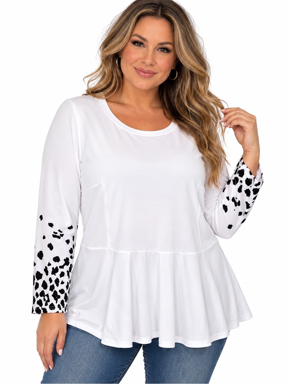 NWT Ashley Stewart 14/16 White Black Animal Print Peplum Top Plus Size